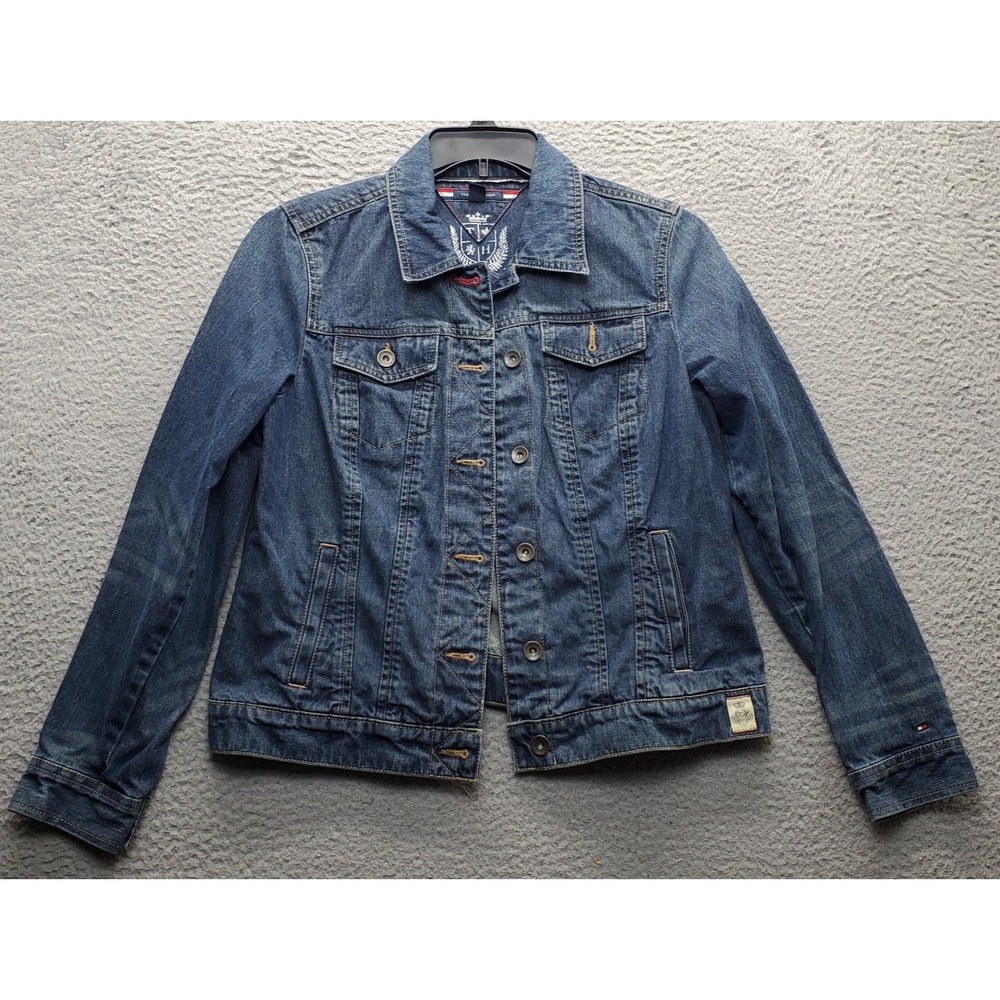 Tommy Hilfiger Trucker Jacket Women's L Blue Denim Cotton Collared Long‎ Sleeve